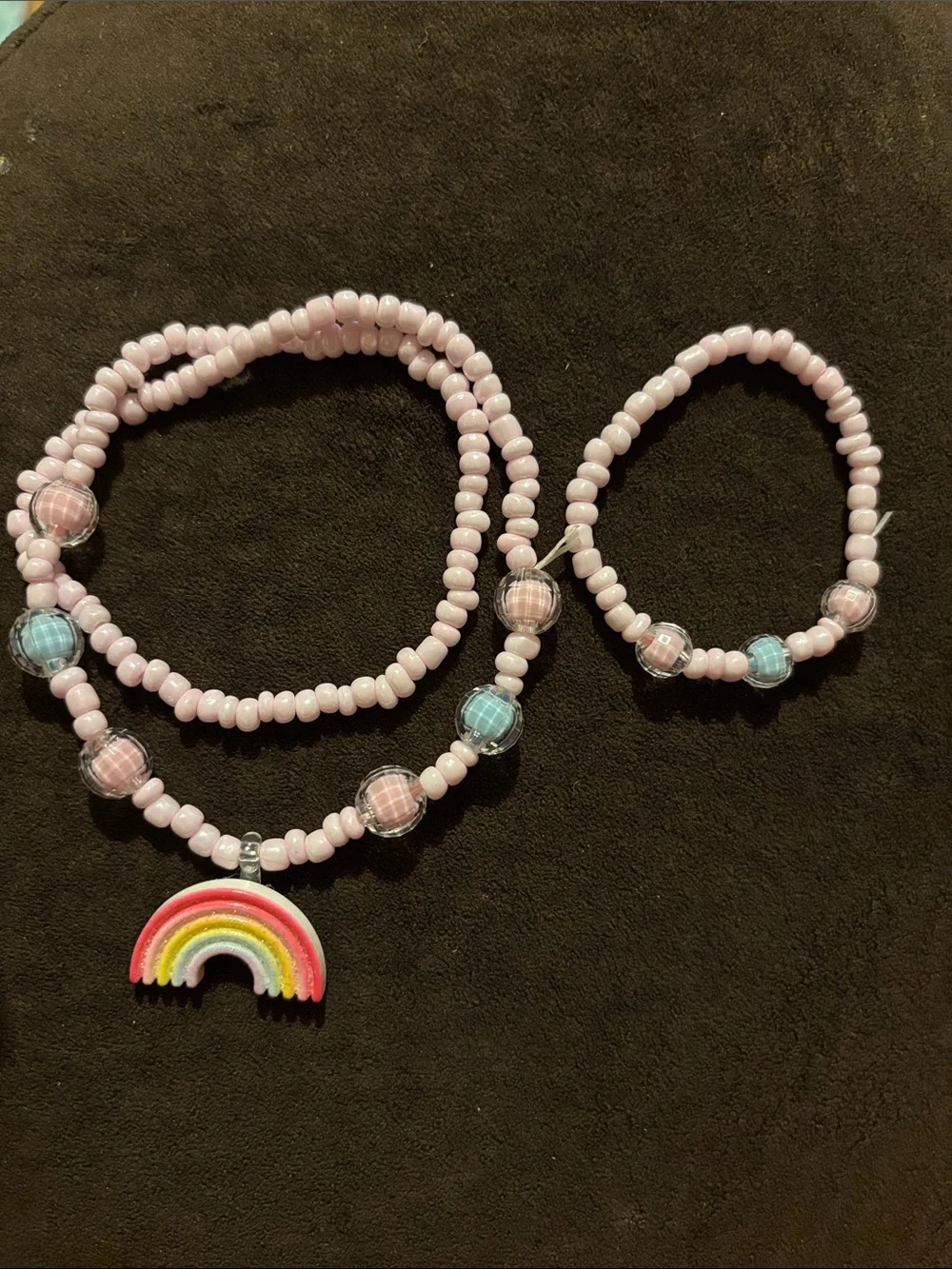 Kids Pink Beaded Necklace and Bracelet Set with Rainbow Charm